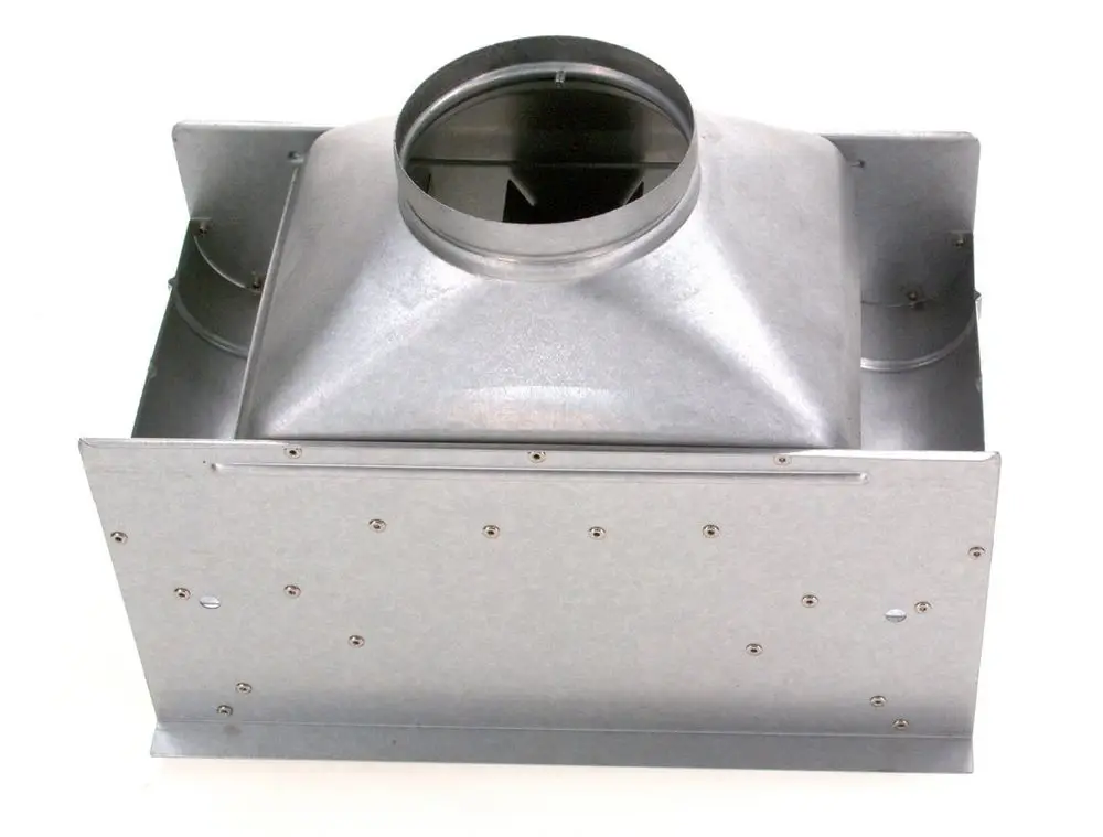 Metallische Strömungssicherung von Bosch, quadratische Form mit runder Öffnung oben, angeordnet in einem rechteckigen Gehäuse, zur Regulierung von Luftströmen in Belüftungsanlagen.